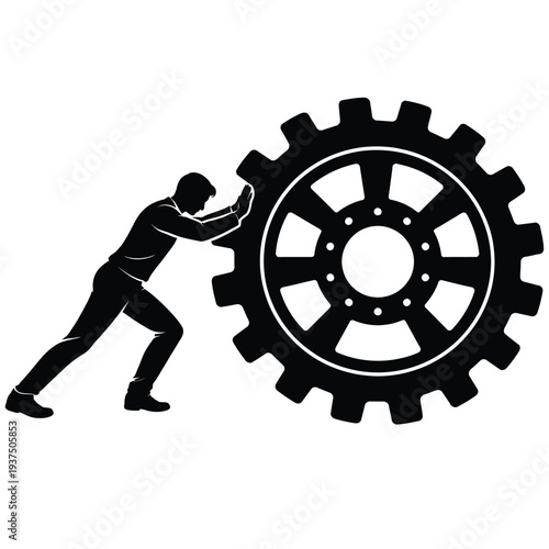 Man pushing gear symbol, symbol of business process and teamwork, effort and power