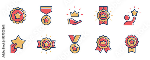 Achievement awards and recognition icons including medals trophies and stars
