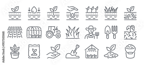 Agriculture and gardening line icons collection featuring soil preparation planting tools tractor greenhouse and farming concepts