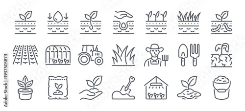 Agriculture and gardening line icons collection featuring soil preparation planting tools tractor greenhouse and farming concepts