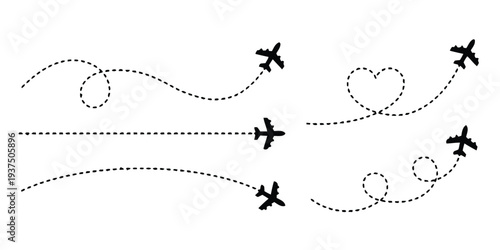 Airplane routes represented by dotted lines, including heart shape