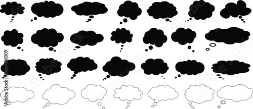Assortment of speech and thought bubbles in solid black and outline styles for communication