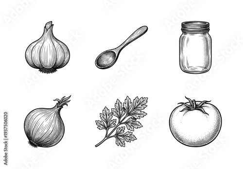 Vintage style woodcut illustrations of kitchen essentials featuring garlic, onion, tomato, parsley, wooden spoon, and glass canning jar
