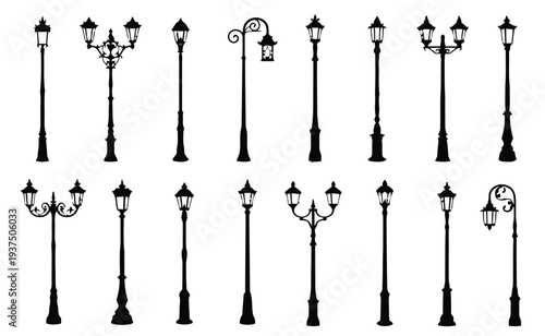 Assortment of vintage and modern street lamps and lampposts