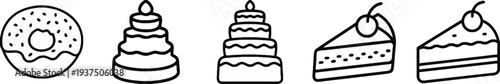 Assortment of sweet food icons including donut, tiered cake, ice cream cake, cake slice, and dessert slice