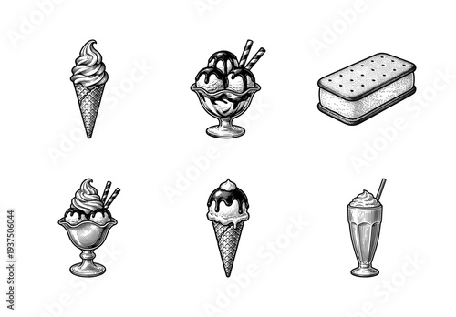 Vintage engraving style ice cream collection featuring sundaes, soft serve cones, sandwiches, and milkshakes in a detailed woodcut aesthetic