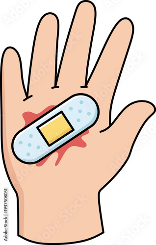 Hand with bandage and blood showing first aid for skin wound injury
