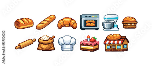 Bakery and baking icons with bread, croissant, cake, and baking equipment like mixer and oven