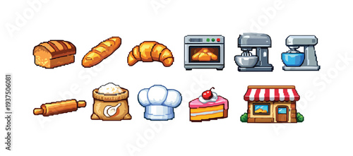 Baking and bakery icons set in pixel art style for digital art and cooking themes