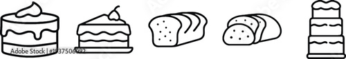 Assortment of bread and cake slices with whole loaf on white background
