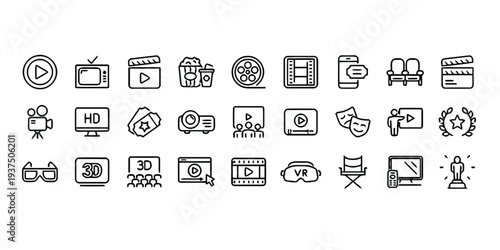 Cinema and entertainment icon collection, featuring film, viewing and VR