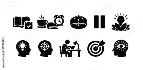 Black and white icons for productivity education and personal growth concepts on white background