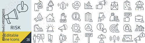 Business risk and alert notification line icons for industrial and corporate safety