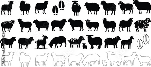 Black and white sheep icons including standing grazing and footprint variations