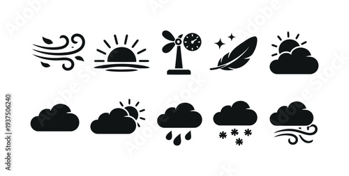Black and white weather icons and symbols, sun, clouds, rain, snow, wind, feather, windmill
