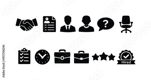Black icons for recruitment, employment, and business professional services