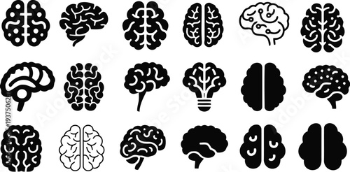 Brain icon set representing intelligence knowledge and cognition in various styles