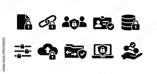 Black icons representing data security, privacy, and digital protection