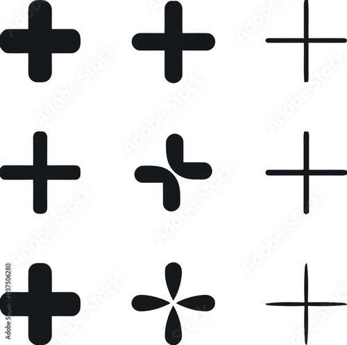 Black plus signs and abstract shapes