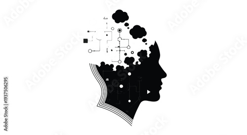 Black silhouette of a human head with circuit board and data visualization elements