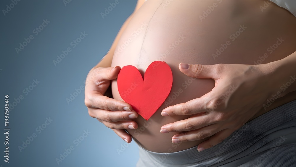 Obraz premium Expecting Mother Holding Red Heart on Pregnant Belly Close Up