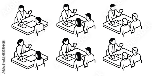 Business meeting icons set showing people discussing around table.