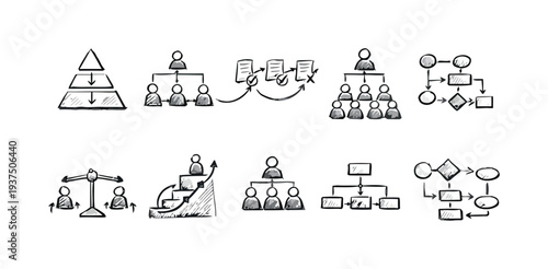 Business organization charts and diagrams showing hierarchy teamwork and workflow processes