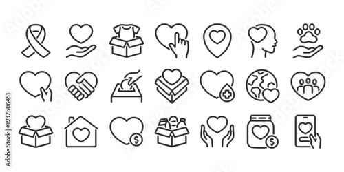 Charity and donation icons for helping and supporting causes
