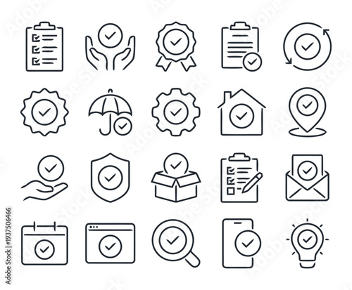 Check mark and quality assurance icon set with various verified symbols for business approval security and compliance concepts