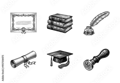 Set of education and graduation icons in vintage engraved woodcut style featuring a diploma, books, inkwell, mortarboard, and wax seal