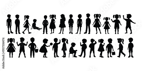 Children silhouettes set diverse poses group playing outdoor summer activities happy childhood concept