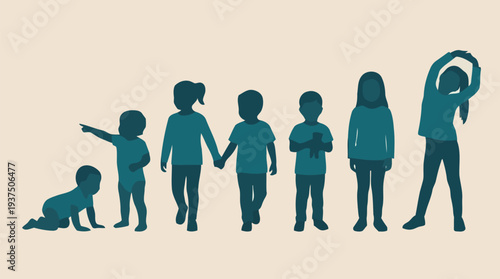 Childrens growth stages depicted by silhouettes from baby to teenager