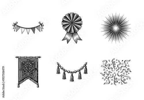 Vintage celebration and decorative elements set featuring hand drawn engraving style bunting, award ribbon, sunburst, heraldic banner, tassel garland, and confetti
