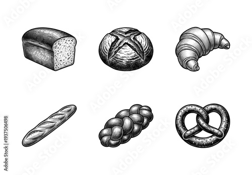 Vintage engraving style bakery illustration set featuring sourdough loaf, croissant, baguette, braided bread, and salted pretzel on white background.