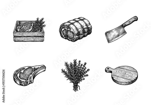 Vintage engraving style butchery and meat collection featuring ribeye steak, tied roast beef, cleaver, herbs, and wooden cutting board.