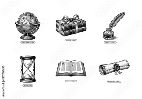 Vintage educational and academic icons set featuring hand drawn engraving style globe books inkwell hourglass and scroll