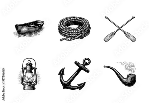 Vintage nautical collection of hand drawn woodcut illustrations featuring a rowboat rope oars lantern anchor and smoking pipe in a rustic engraving style