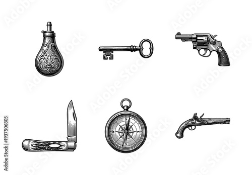 Vintage hand drawn engraving set of antique objects including firearms pocket knife compass powder flask and skeleton key