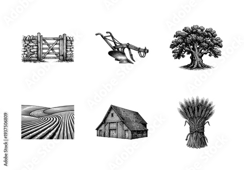 Vintage woodcut style farm and agriculture set featuring a barn, plow, wheat bundle, oak tree, wooden gate, and plowed field.
