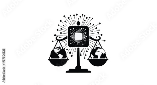 balance scale with digital tablet and globe on each side