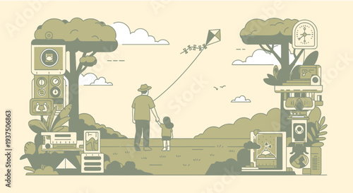 Thanks fathers day Father and Child Flying Kite in Park Landscape
