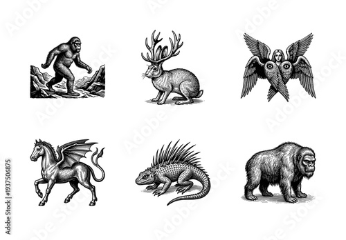 Collection of mythical creatures and cryptids in vintage woodcut engraving style featuring jackalope sasquatch and chimera illustrations