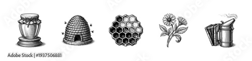 Vintage engraving style honey and beekeeping set featuring a glass jar, skep hive, honeycomb, flowers, and smoker on a white background.