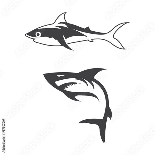 Great White Shark Silhouette and Realistic Gray Shark Vector Illustration