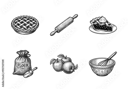 Vintage engraving style collection of apple pie baking ingredients and tools featuring a whole lattice pie, rolling pin, flour sack, fresh apples, and mixing bowl.