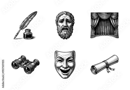 Vintage engraving style theater and drama icons collection featuring comedy and tragedy masks quill inkwell stage curtains opera glasses and scroll