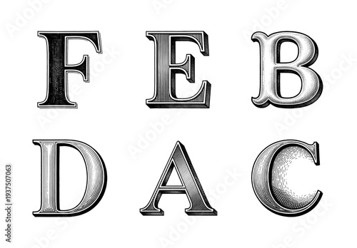 Set of vintage capital letters with engraved hatching and three dimensional drop shadows on a white background