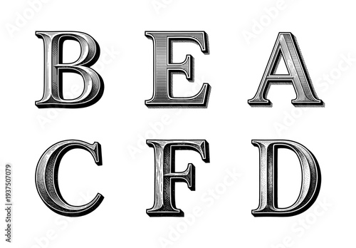 Vintage engraved alphabet collection featuring decorative serif letters B E A C F and D with classic woodcut hatching and 3D shadow effects.