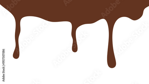 Melted chocolate or syrup drips isolated on a white background. Flowing liquid chocolate border element. A sweet brown syrup or sauce that melts and drips.