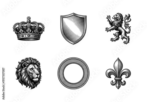 Set of heraldic vintage symbols including royal crown shield rampant lion and fleur de lis in woodcut engraving style